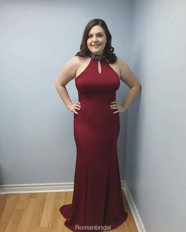 Halter Sleeveless Beading Simple Burgundy Prom Dress, PD0637