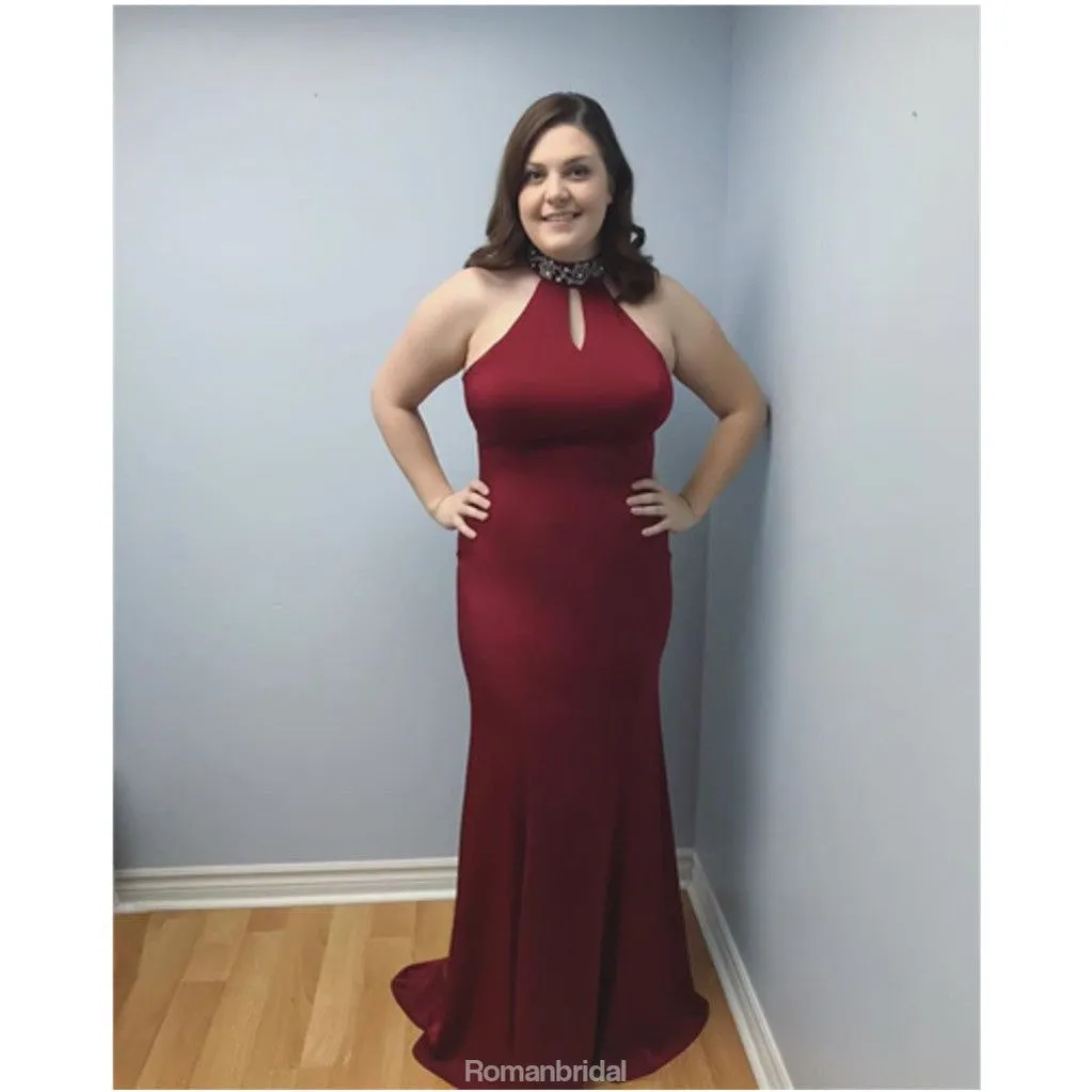 Halter Sleeveless Beading Simple Burgundy Prom Dress, PD0637