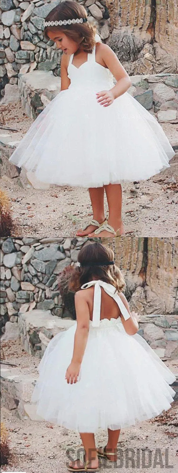 Halter Sleeveless Simple Ivory Tulle Flower Girl Dresses, FG093