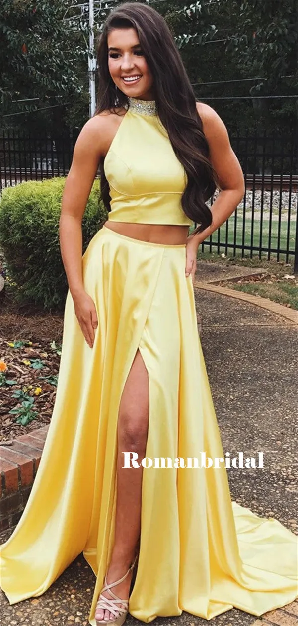 Halter Sleeveless Two-pieces Long Yellow Prom Dresses With Split, PD0818