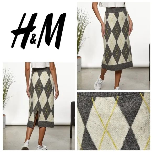 H&amp;M X Pringle Of Scotland Grey Argyle Sweater Knit Pencil Skirt. Size XS