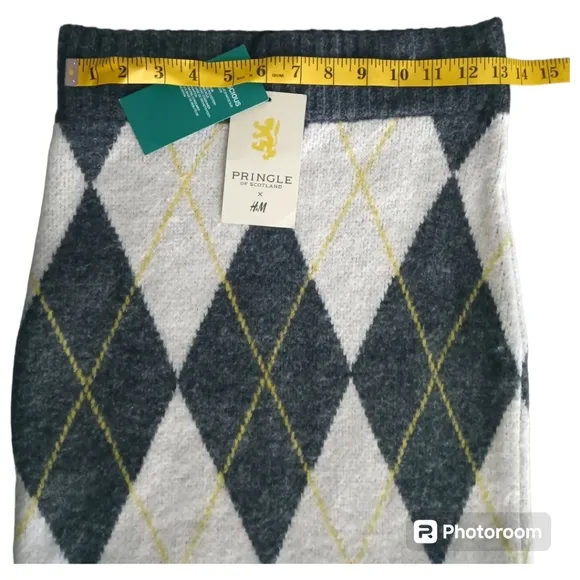 H&amp;M X Pringle Of Scotland Grey Argyle Sweater Knit Pencil Skirt. Size XS