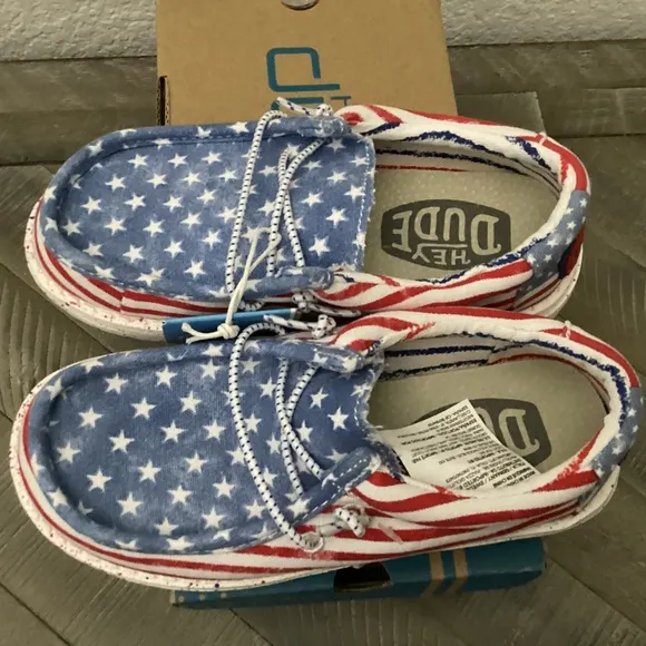 HEY DUDE Kids Wally Stars and Stripes Casual Moccasin Sneakers, size…