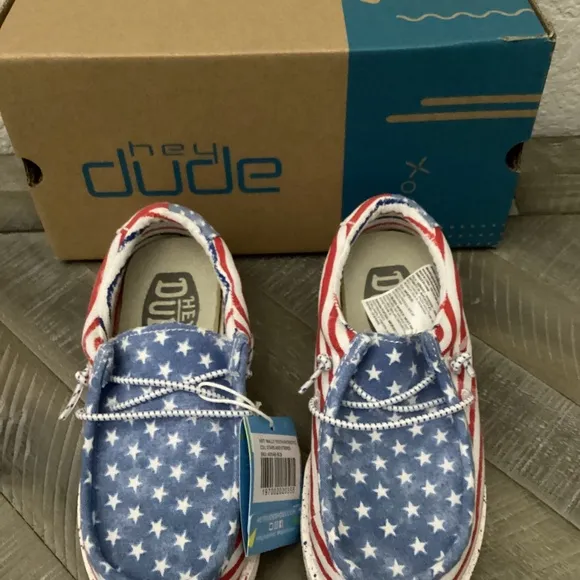 HEY DUDE Kids Wally Stars and Stripes Casual Moccasin Sneakers, size…