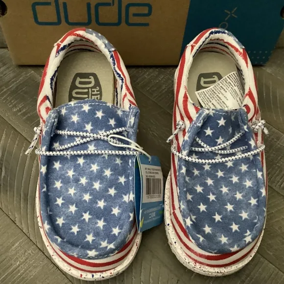 HEY DUDE Kids Wally Stars and Stripes Casual Moccasin Sneakers, size…