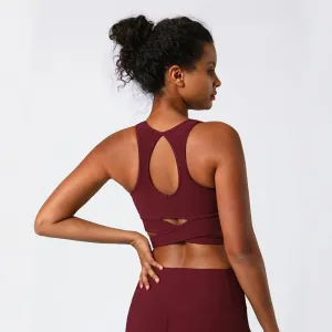 High Neck Ribbed Push-Up Sports Bra for Women - Crossover Hem Cut-Out Yoga Bra