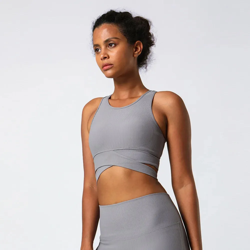 High Neck Ribbed Push-Up Sports Bra for Women - Crossover Hem Cut-Out Yoga Bra