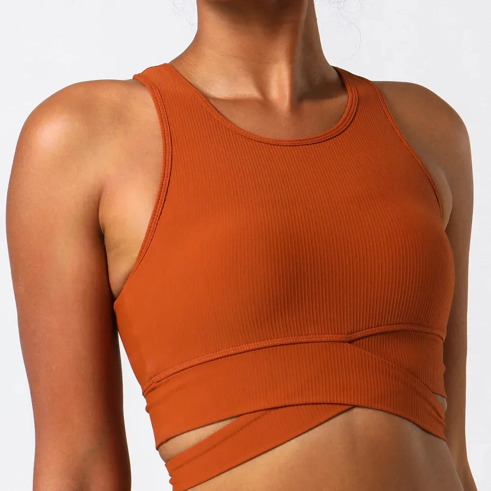 High Neck Ribbed Push-Up Sports Bra for Women - Crossover Hem Cut-Out Yoga Bra
