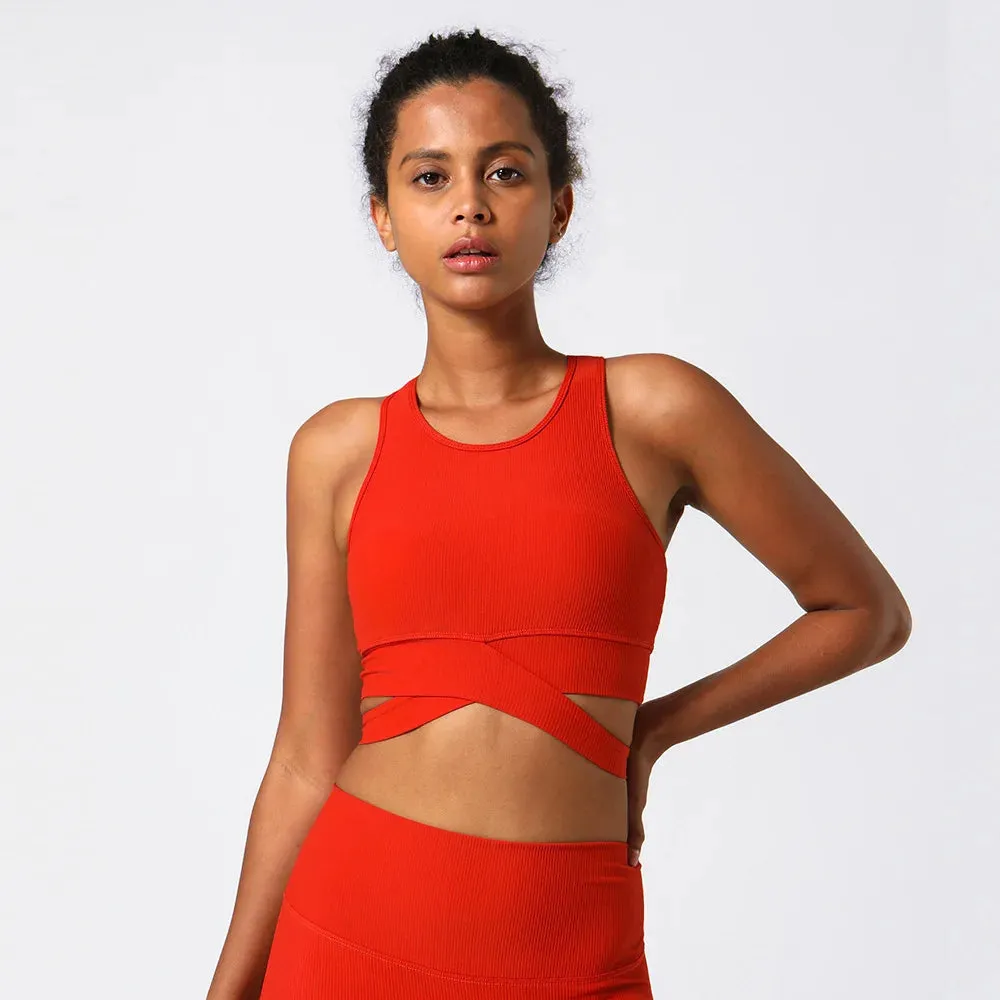 High Neck Ribbed Push-Up Sports Bra for Women - Crossover Hem Cut-Out Yoga Bra