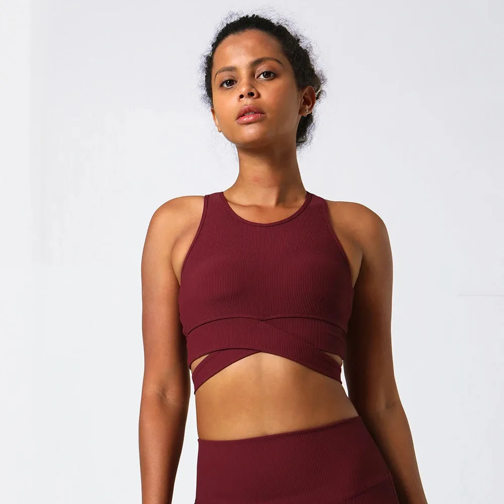 High Neck Ribbed Push-Up Sports Bra for Women - Crossover Hem Cut-Out Yoga Bra