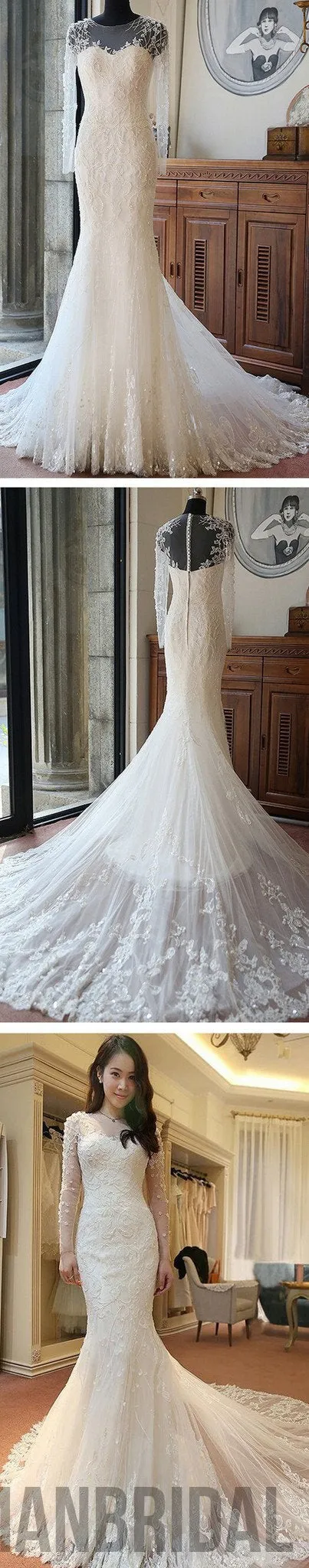 High Quality Custom Sexy Mermaid White Lace Long Sleeves Wedding Party Dress , WD0011