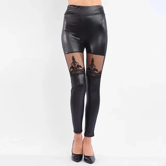 High-Waist Faux Leather Gothic Punk Leggings with Lace Detailing