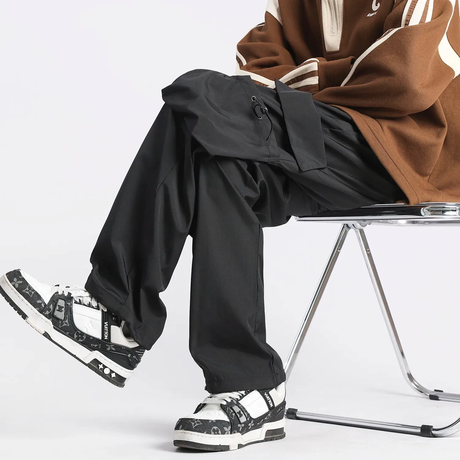 Hip Hop Ribbons Cargo Pants - Men's Streetwear Joggers with Elastic Waist and Casual Sweatpants Style
