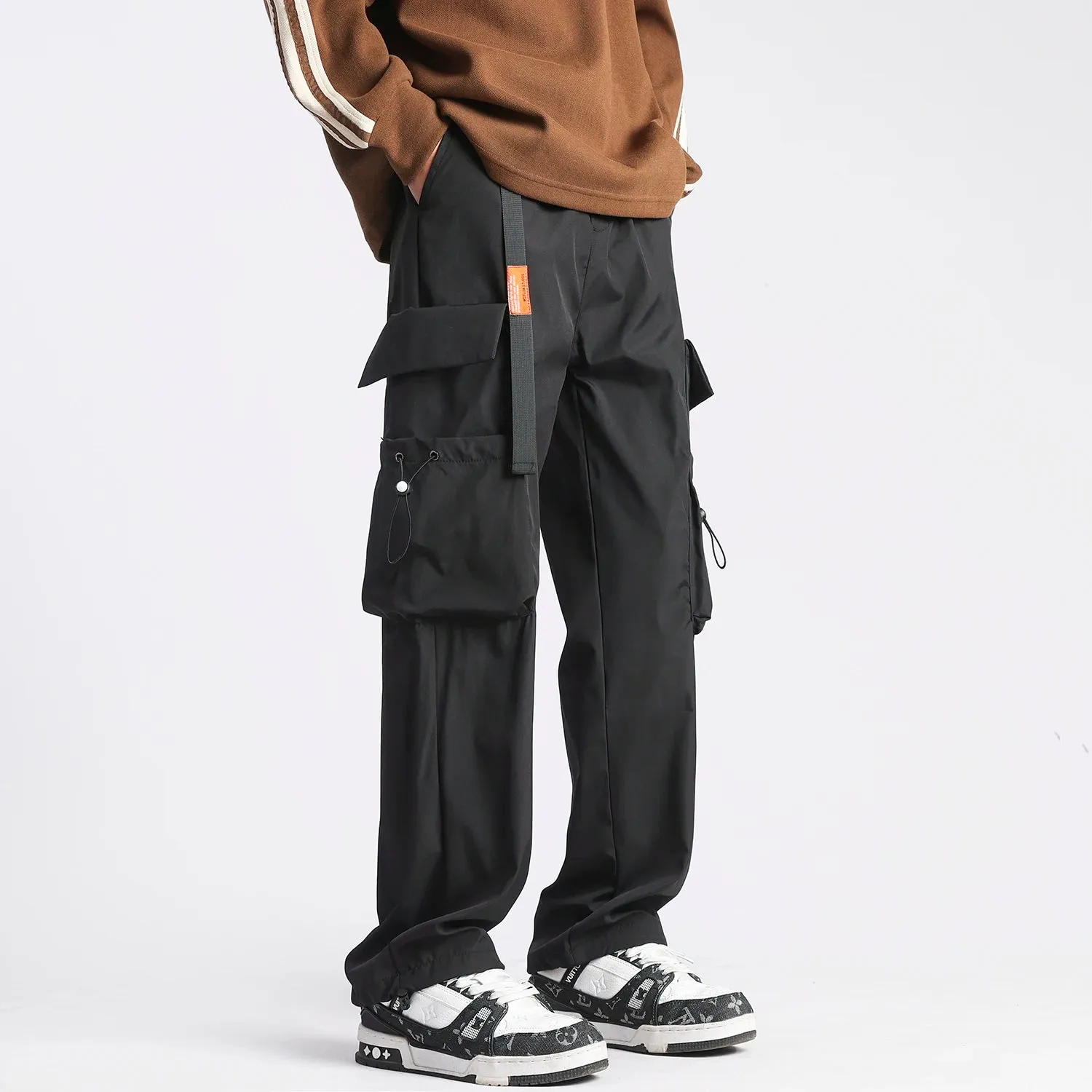 Hip Hop Ribbons Cargo Pants - Men's Streetwear Joggers with Elastic Waist and Casual Sweatpants Style