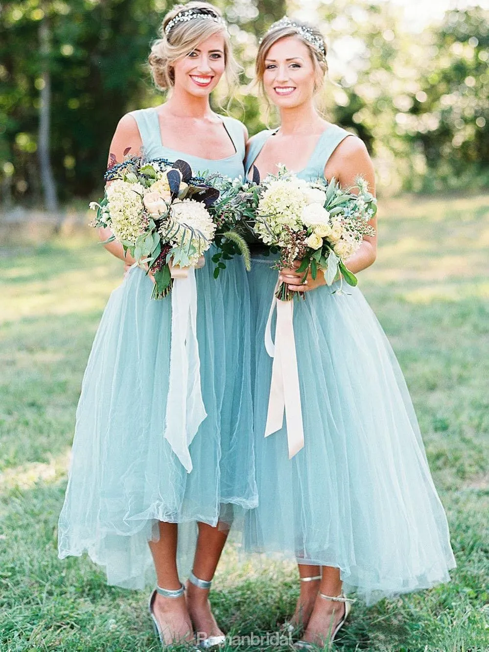Hot selling scoop neck simple Light Blue sleeveless tulle long bridesmaid dresses, BD0453