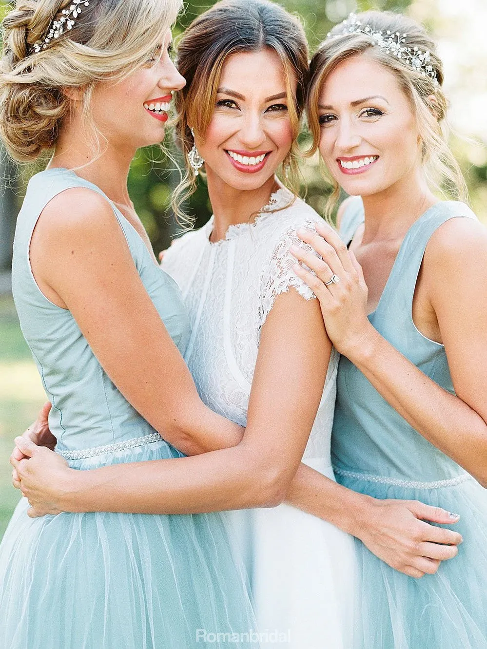 Hot selling scoop neck simple Light Blue sleeveless tulle long bridesmaid dresses, BD0453