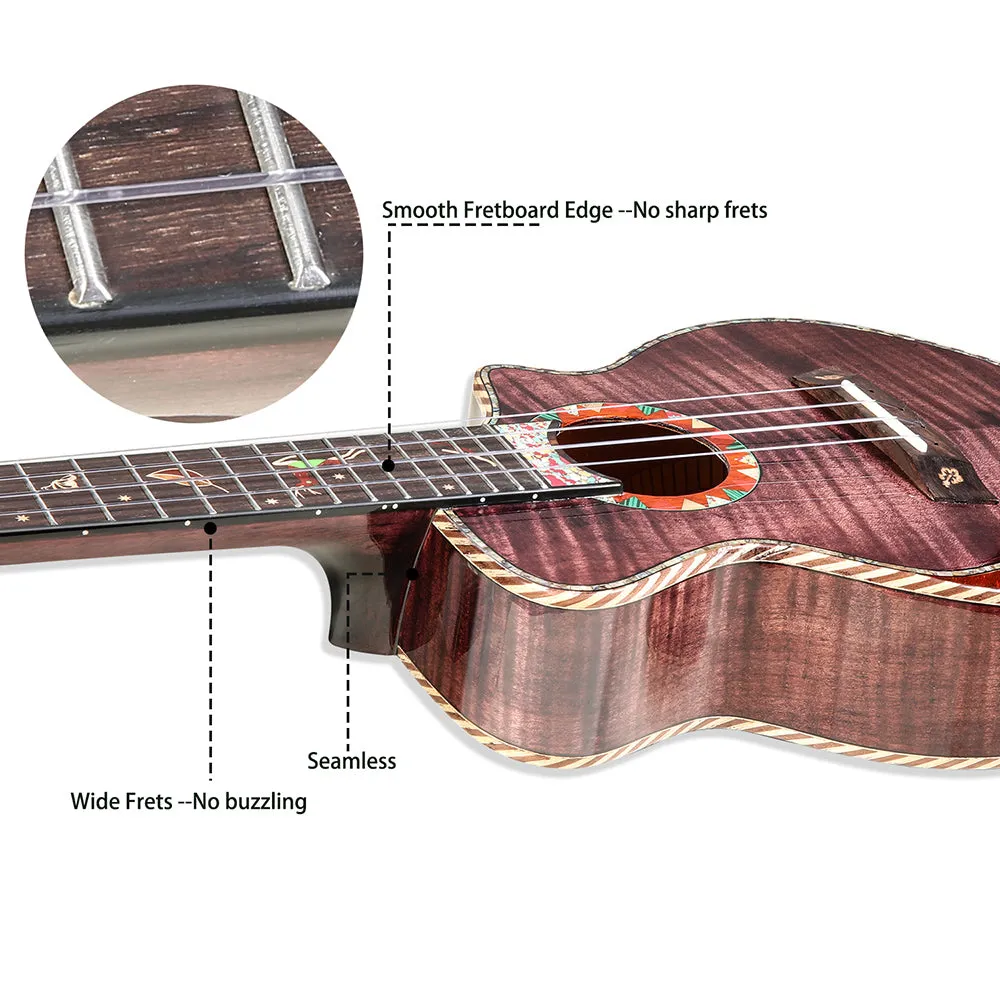 HRICANE concert size flame maple wood ukulele grape purple glossy finished