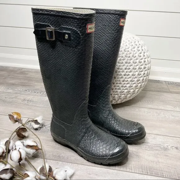 Hunter Carnaby Snake Boa Tall Wellies Rain Boots Black Size 6M