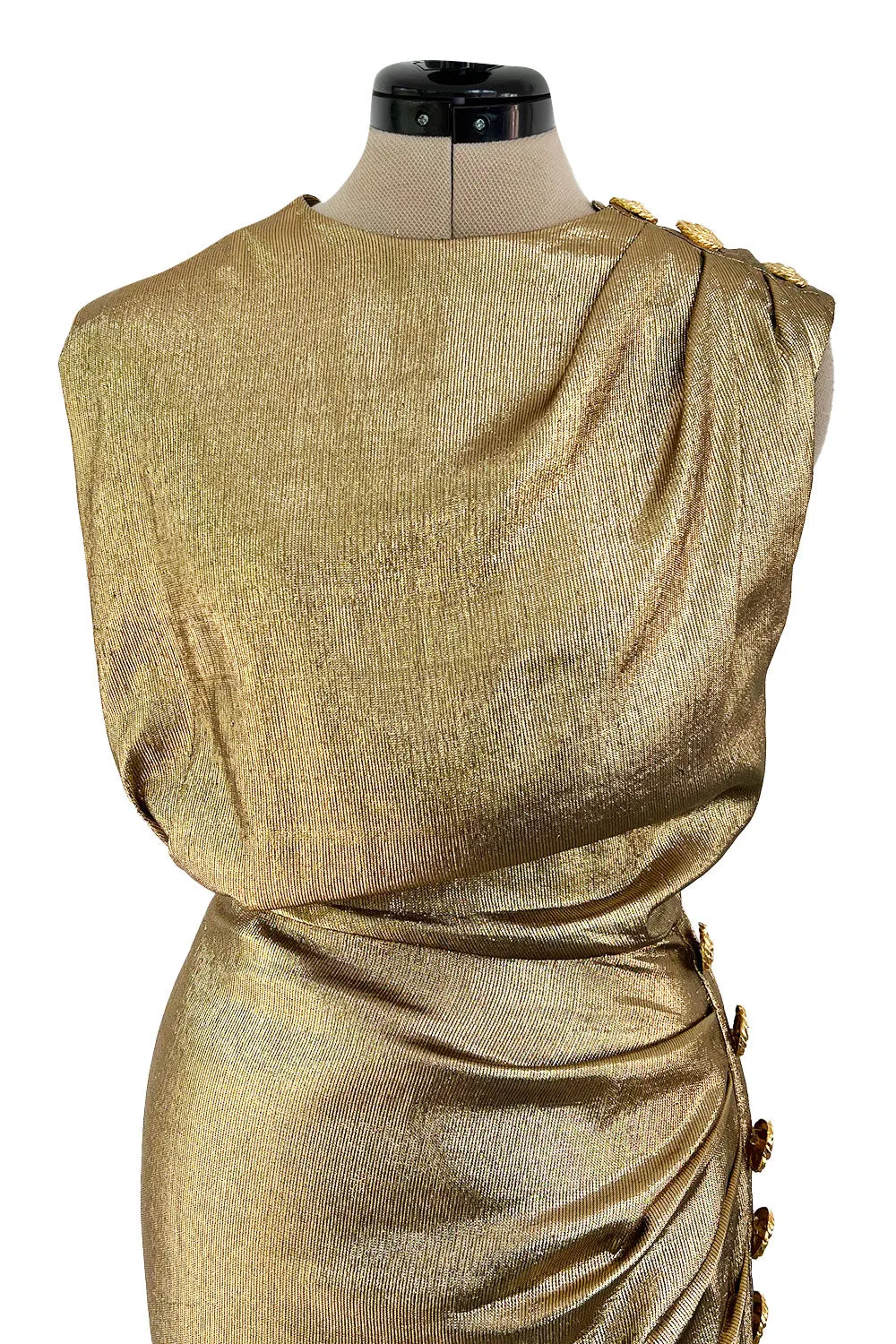 Iconic Fall 1991 Yves Saint Laurent Runway Slinky Gold Lame Dress w Gold Button Details