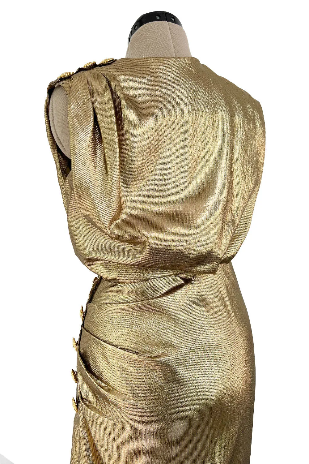 Iconic Fall 1991 Yves Saint Laurent Runway Slinky Gold Lame Dress w Gold Button Details