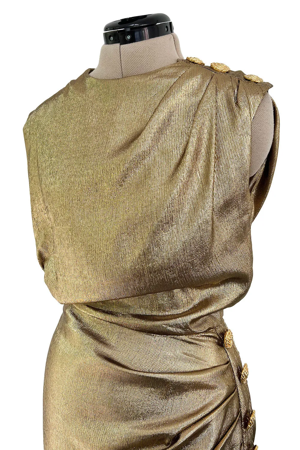 Iconic Fall 1991 Yves Saint Laurent Runway Slinky Gold Lame Dress w Gold Button Details