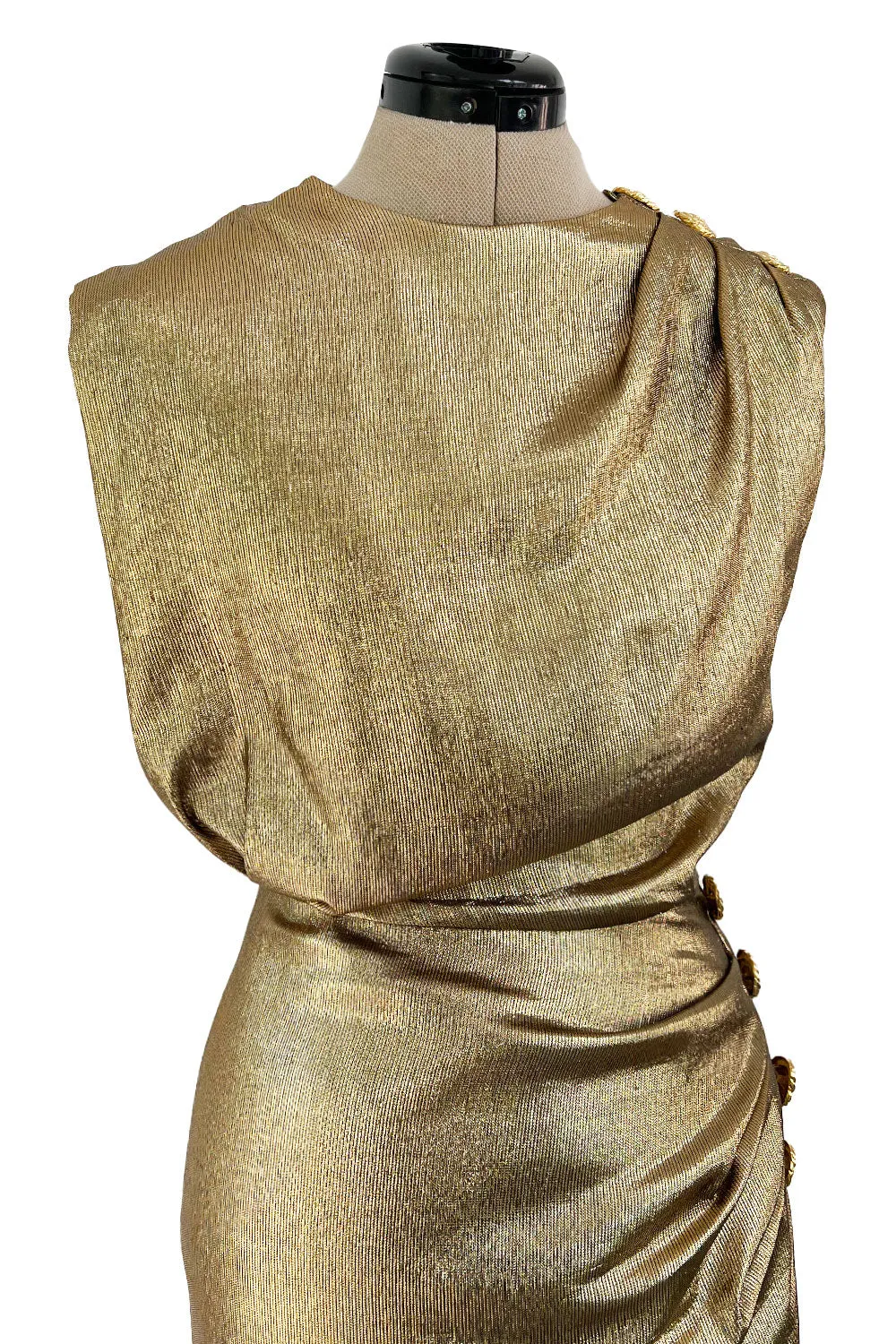 Iconic Fall 1991 Yves Saint Laurent Runway Slinky Gold Lame Dress w Gold Button Details