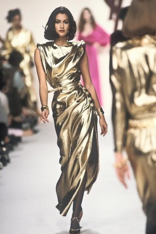 Iconic Fall 1991 Yves Saint Laurent Runway Slinky Gold Lame Dress w Gold Button Details