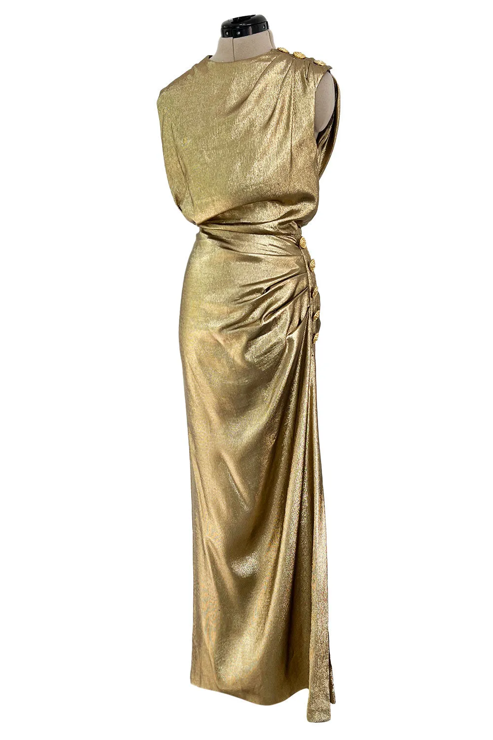 Iconic Fall 1991 Yves Saint Laurent Runway Slinky Gold Lame Dress w Gold Button Details
