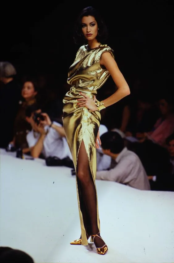 Iconic Fall 1991 Yves Saint Laurent Runway Slinky Gold Lame Dress w Gold Button Details