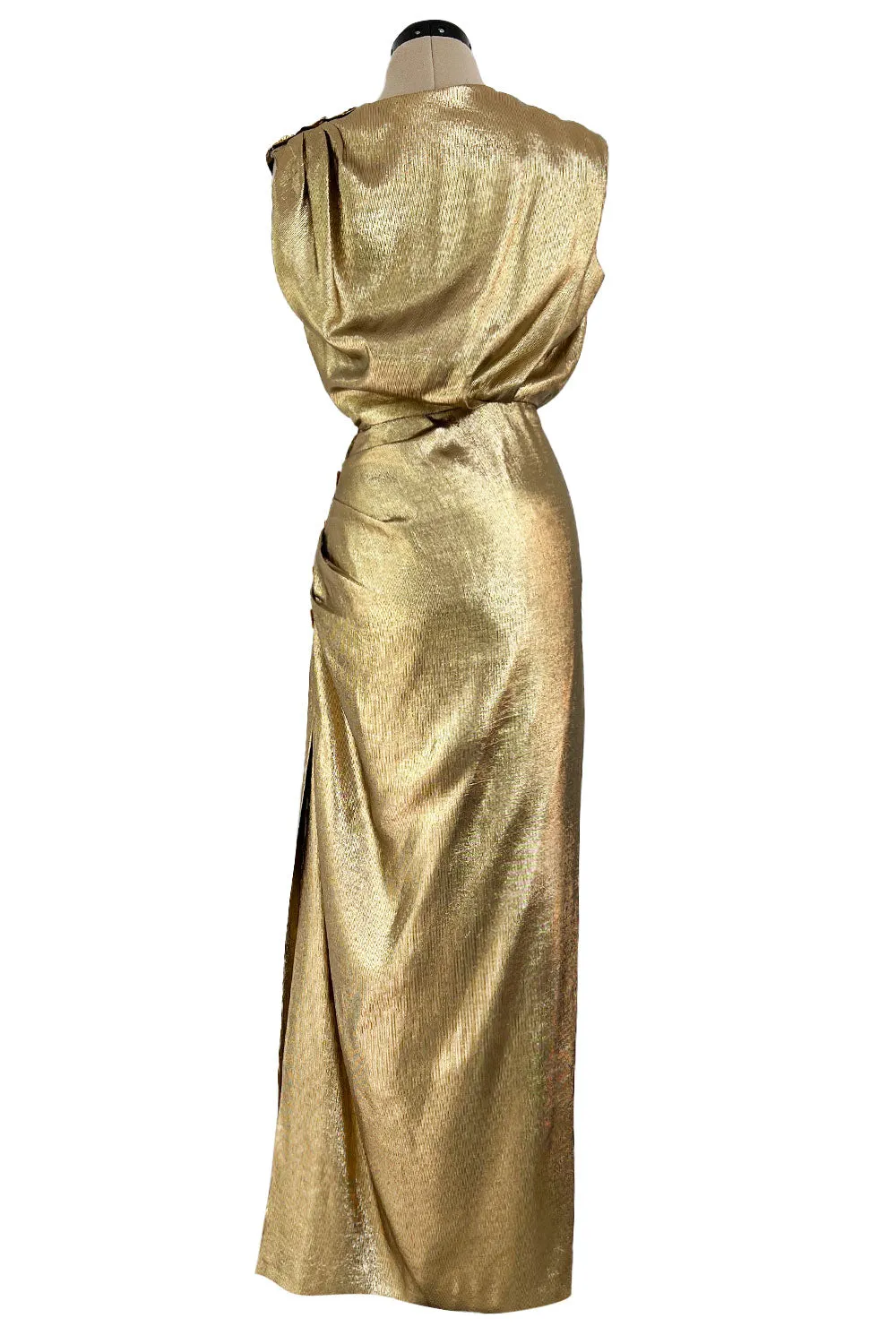 Iconic Fall 1991 Yves Saint Laurent Runway Slinky Gold Lame Dress w Gold Button Details