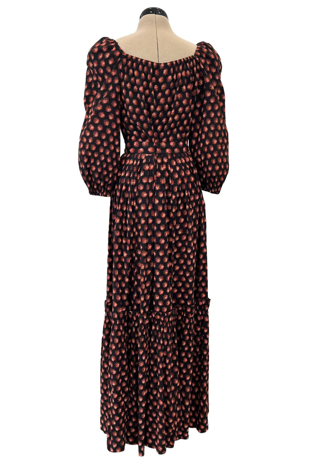 Incredible 1970s Givenchy Demi-Couture Pinecone Print Ruffle Skirt & Peaked Shoulder Top Set