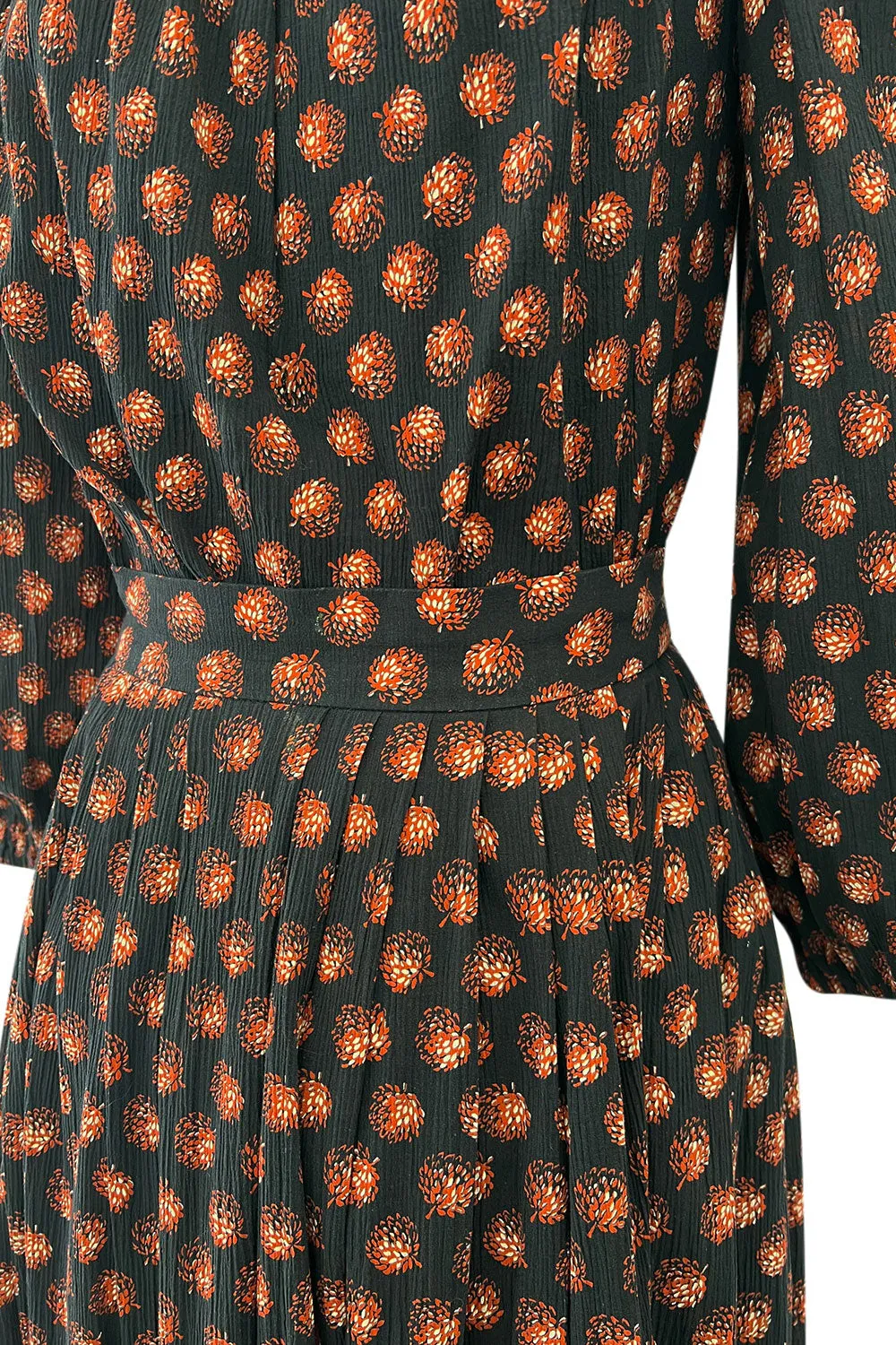 Incredible 1970s Givenchy Demi-Couture Pinecone Print Ruffle Skirt & Peaked Shoulder Top Set