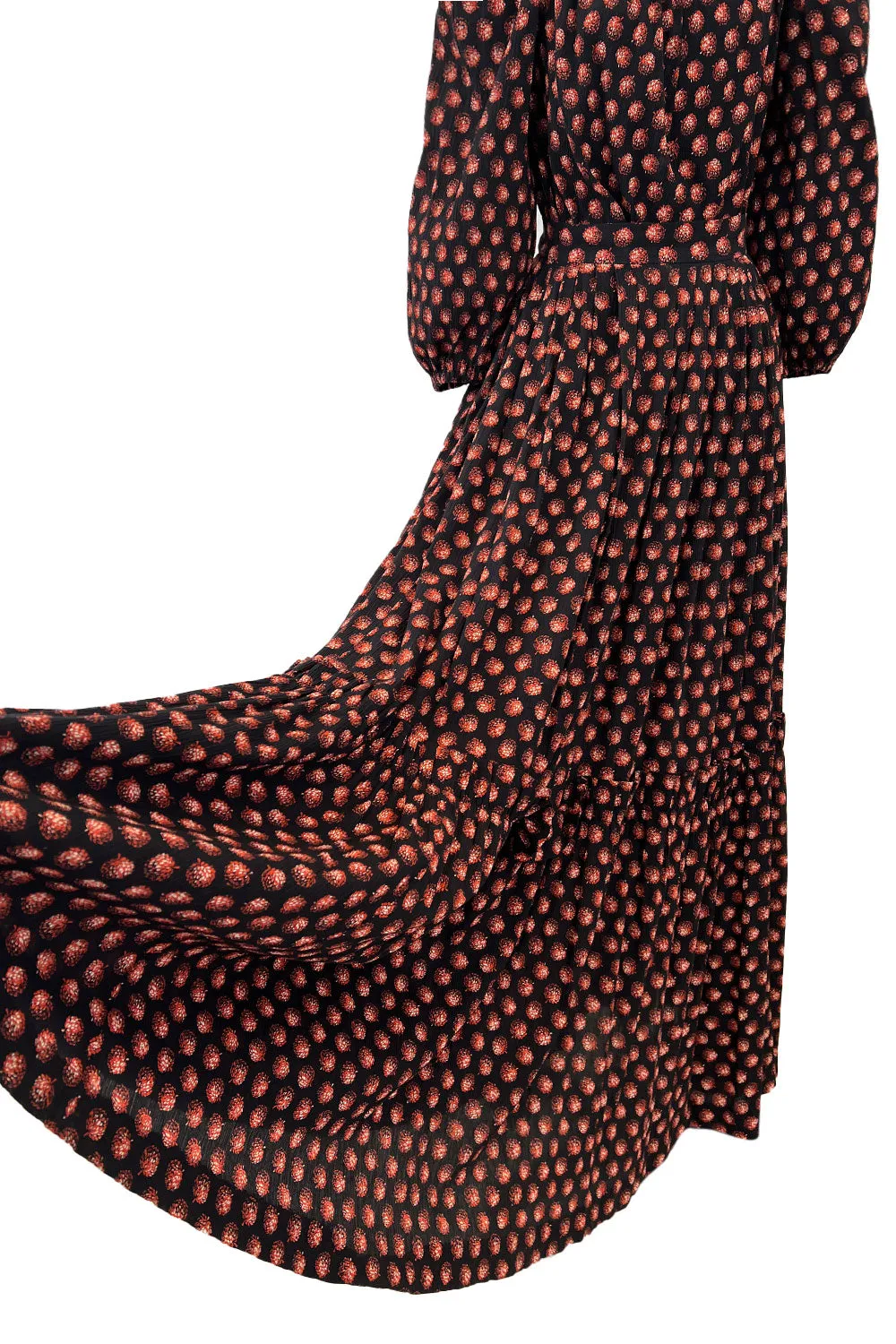 Incredible 1970s Givenchy Demi-Couture Pinecone Print Ruffle Skirt & Peaked Shoulder Top Set