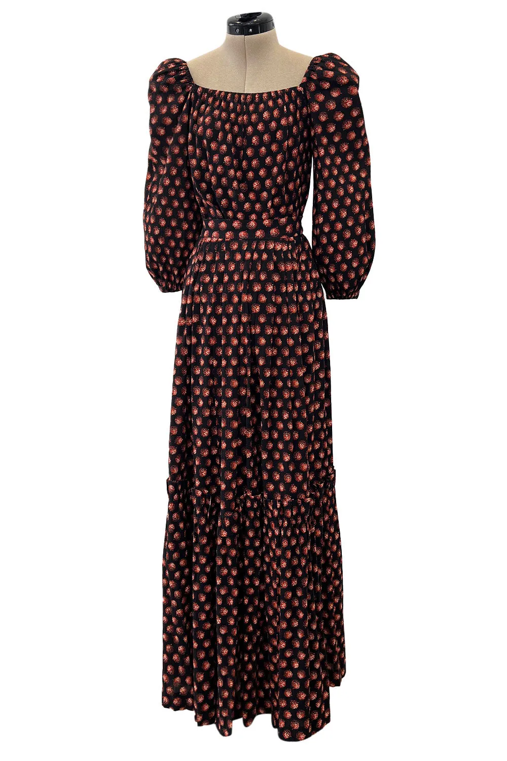Incredible 1970s Givenchy Demi-Couture Pinecone Print Ruffle Skirt & Peaked Shoulder Top Set
