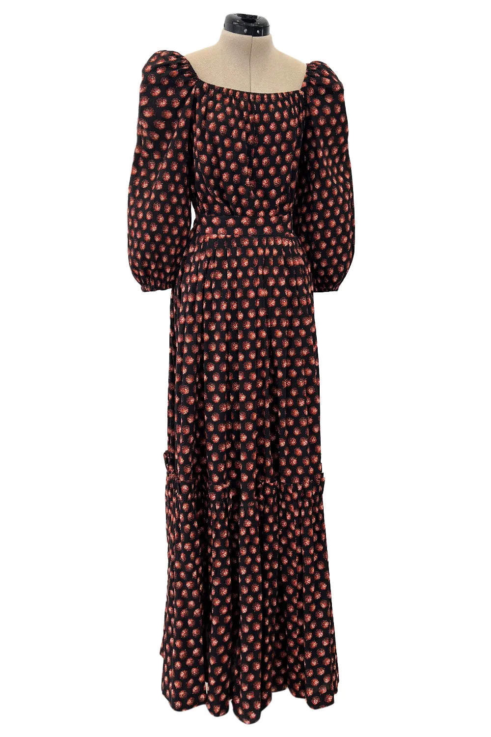 Incredible 1970s Givenchy Demi-Couture Pinecone Print Ruffle Skirt & Peaked Shoulder Top Set