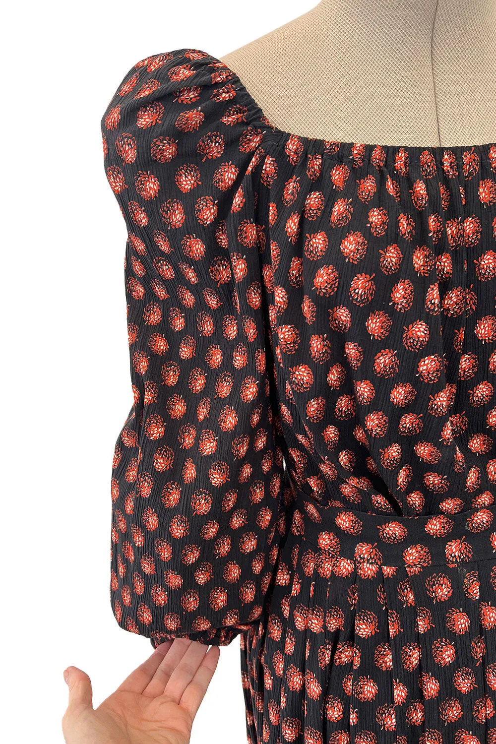 Incredible 1970s Givenchy Demi-Couture Pinecone Print Ruffle Skirt & Peaked Shoulder Top Set