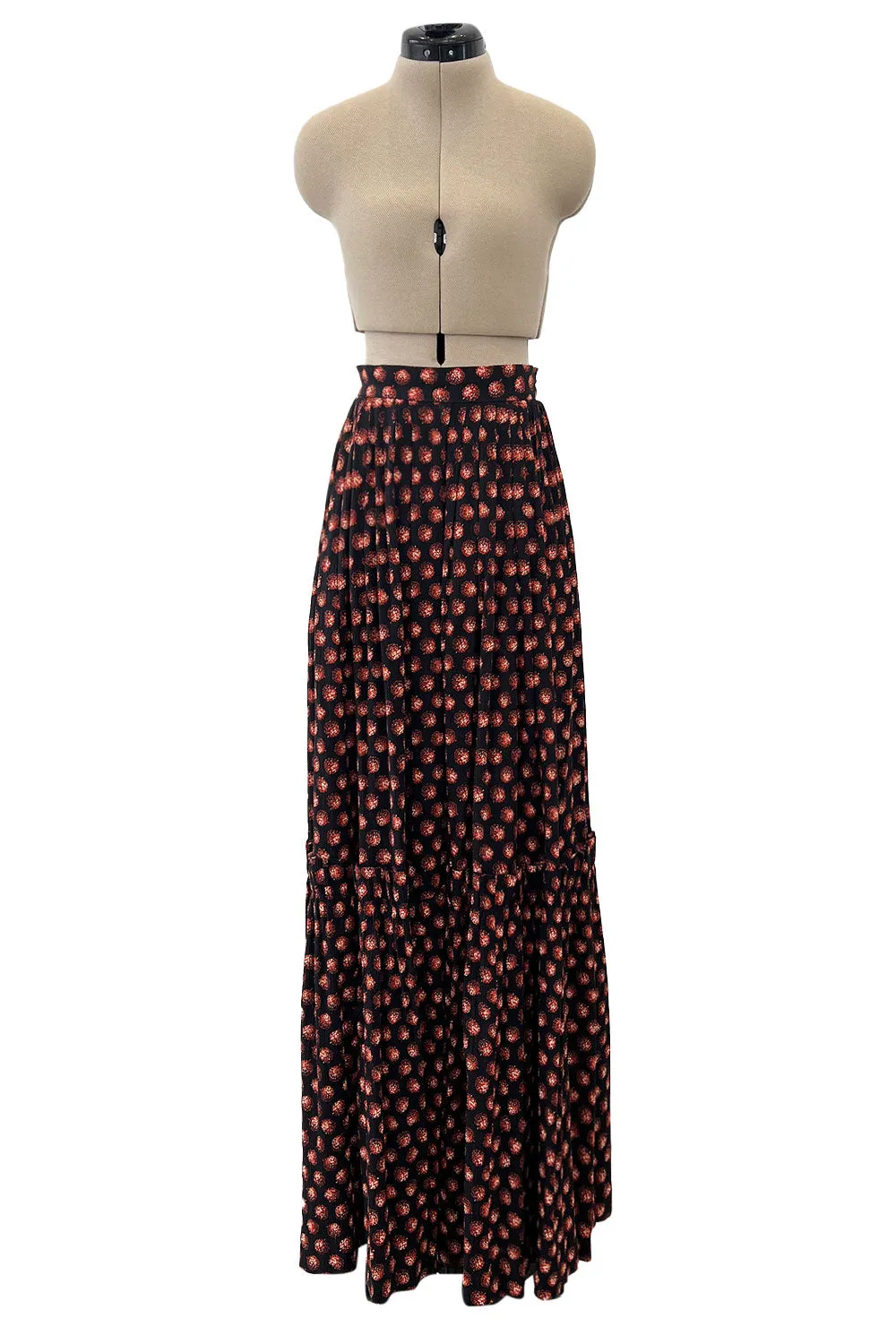 Incredible 1970s Givenchy Demi-Couture Pinecone Print Ruffle Skirt & Peaked Shoulder Top Set