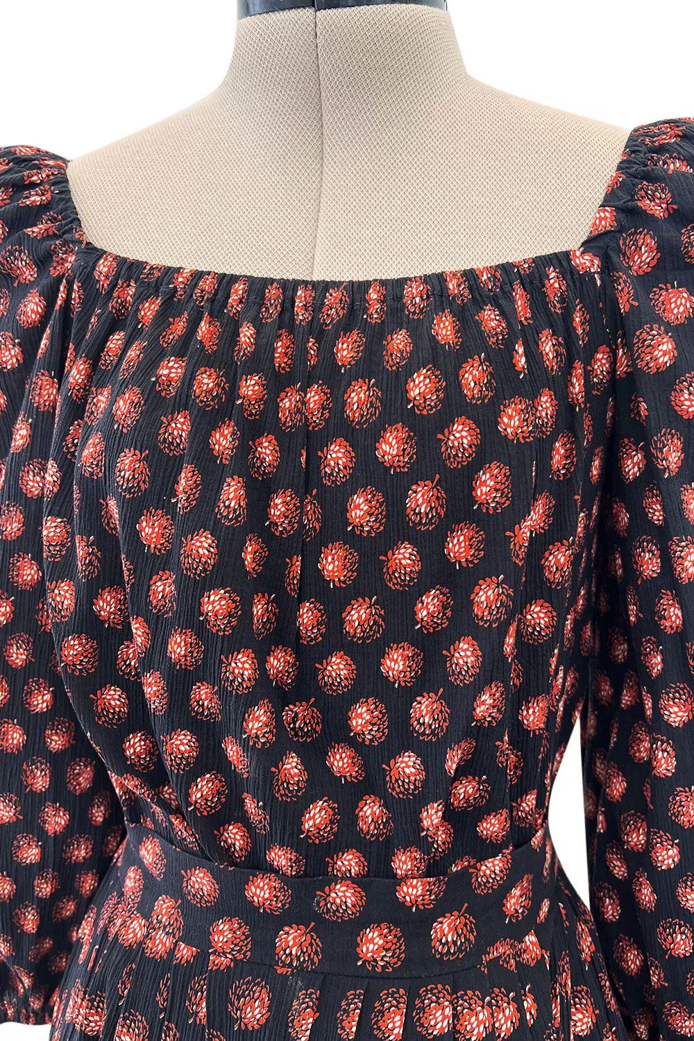 Incredible 1970s Givenchy Demi-Couture Pinecone Print Ruffle Skirt & Peaked Shoulder Top Set