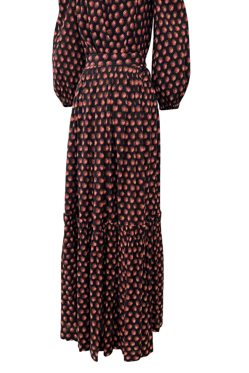Incredible 1970s Givenchy Demi-Couture Pinecone Print Ruffle Skirt & Peaked Shoulder Top Set