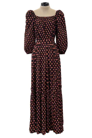 Incredible 1970s Givenchy Demi-Couture Pinecone Print Ruffle Skirt & Peaked Shoulder Top Set