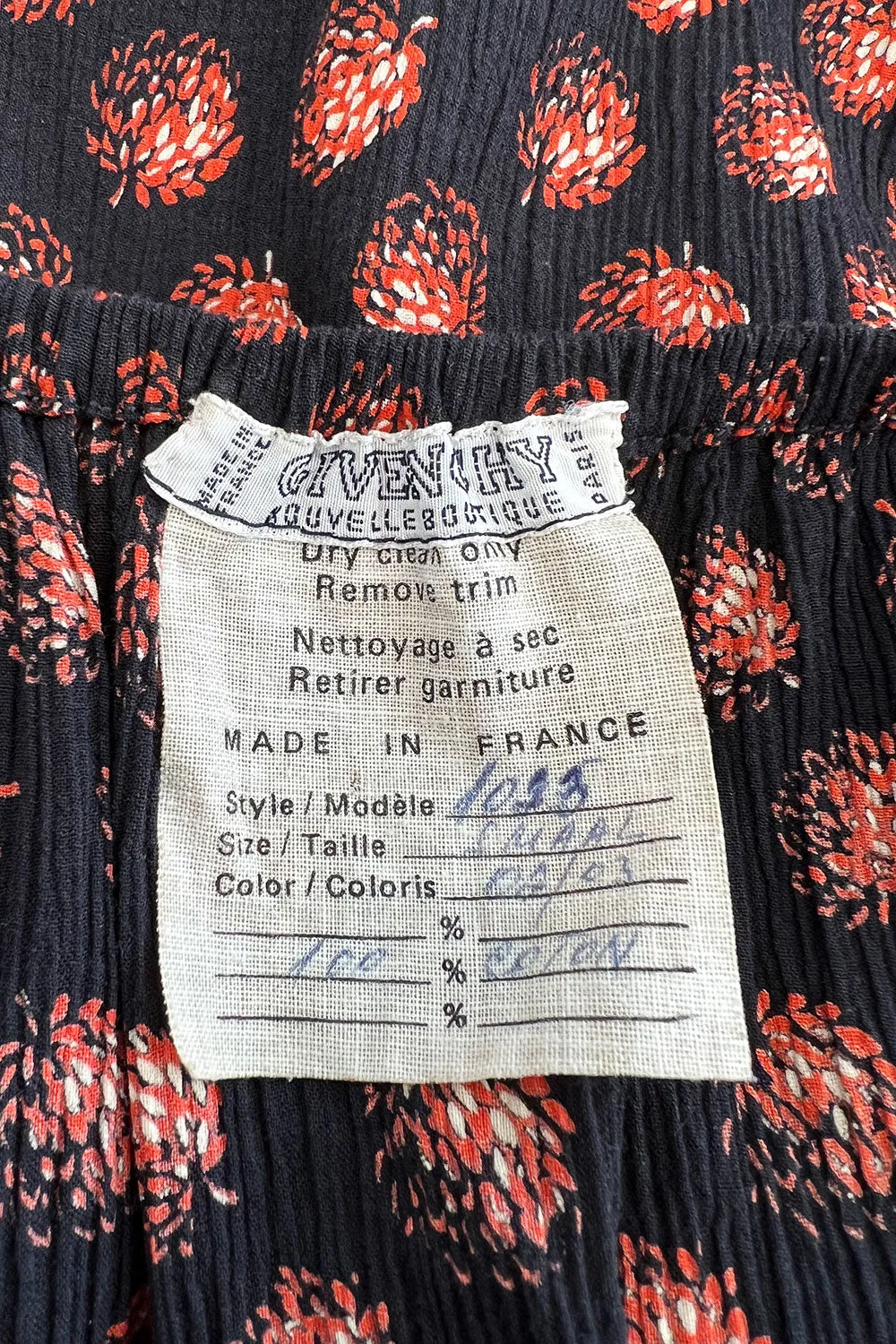 Incredible 1970s Givenchy Demi-Couture Pinecone Print Ruffle Skirt & Peaked Shoulder Top Set