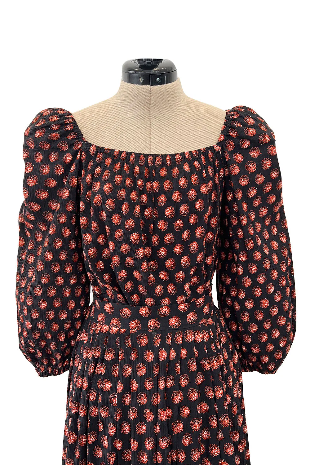 Incredible 1970s Givenchy Demi-Couture Pinecone Print Ruffle Skirt & Peaked Shoulder Top Set