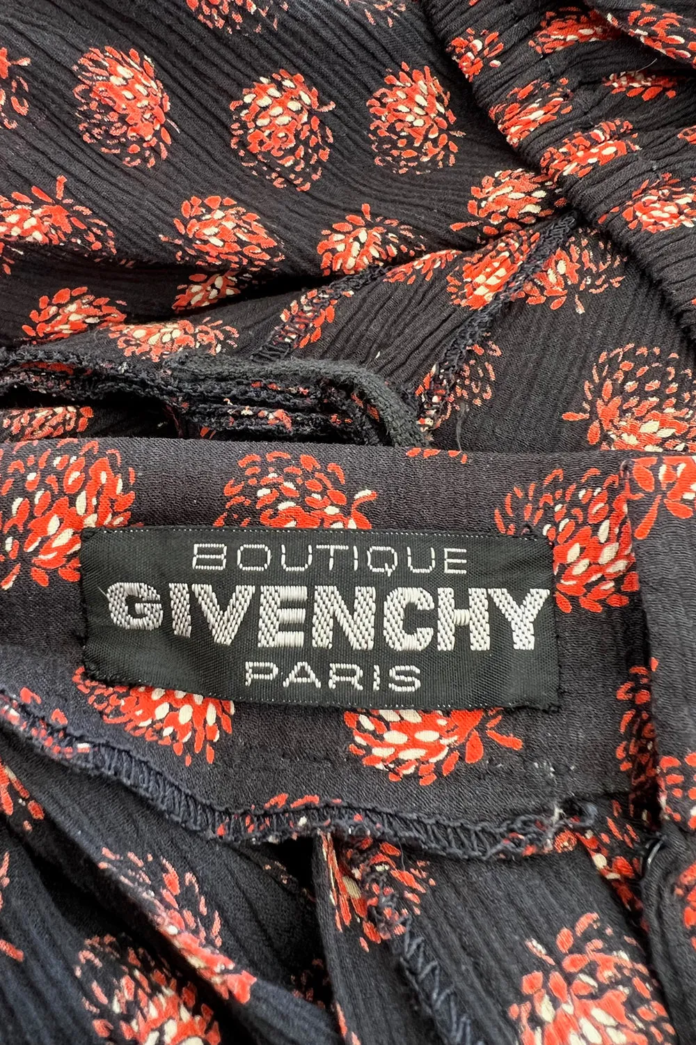 Incredible 1970s Givenchy Demi-Couture Pinecone Print Ruffle Skirt & Peaked Shoulder Top Set
