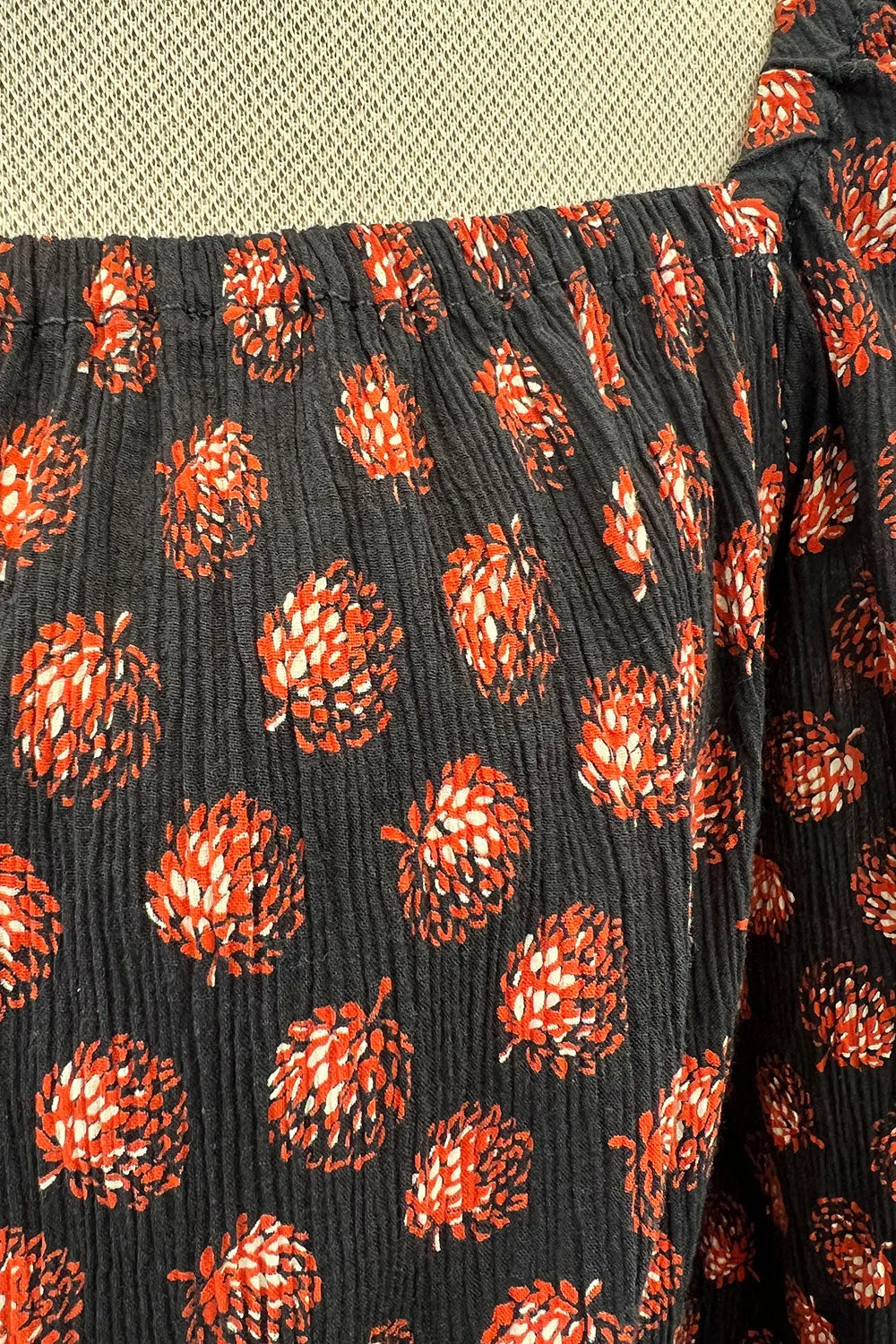 Incredible 1970s Givenchy Demi-Couture Pinecone Print Ruffle Skirt & Peaked Shoulder Top Set