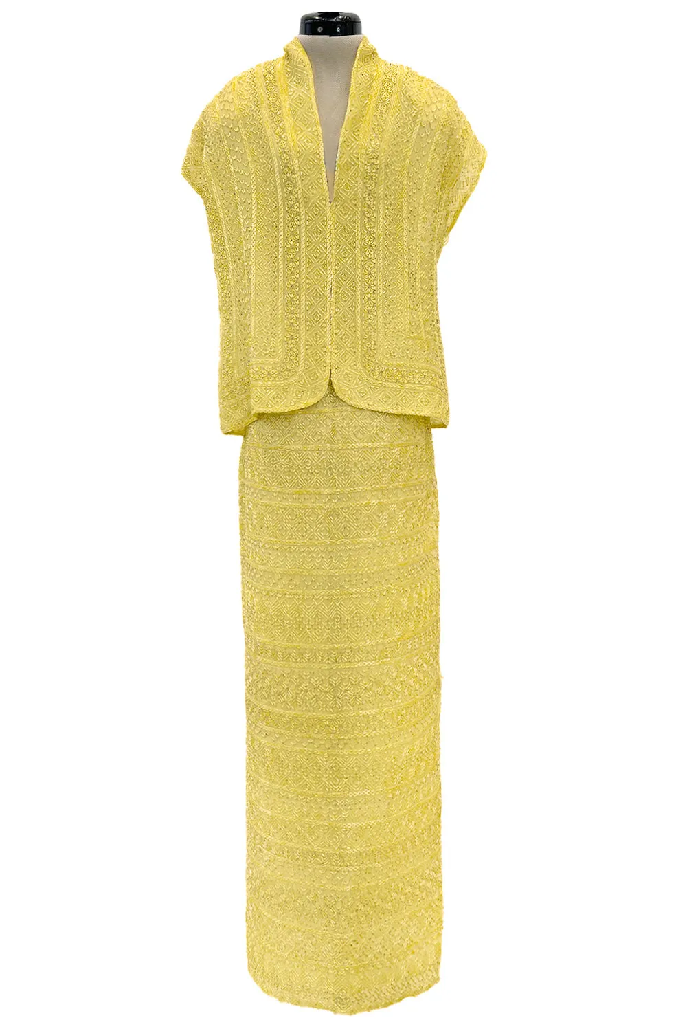 Incredible Late 1970s Halston Couture Hand Beaded Silk Skirt & Sleeveless Top Set in Yellow
