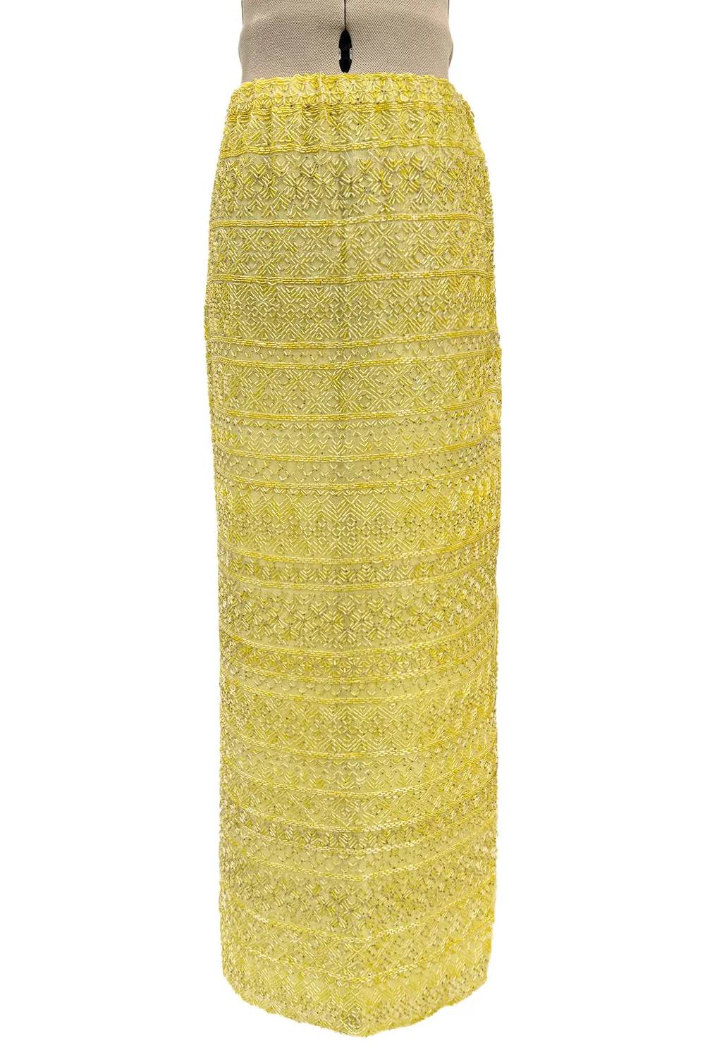 Incredible Late 1970s Halston Couture Hand Beaded Silk Skirt & Sleeveless Top Set in Yellow