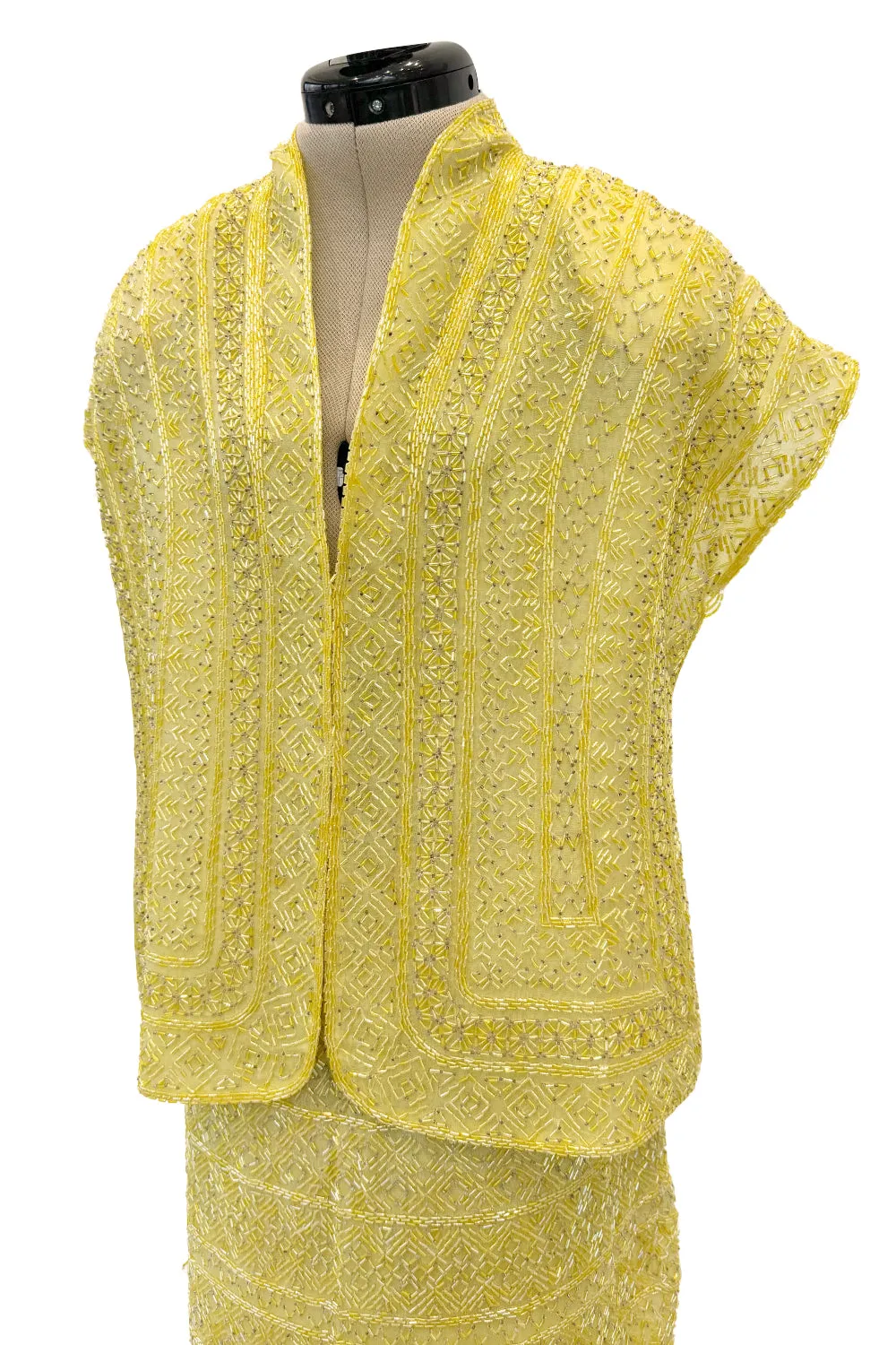 Incredible Late 1970s Halston Couture Hand Beaded Silk Skirt & Sleeveless Top Set in Yellow