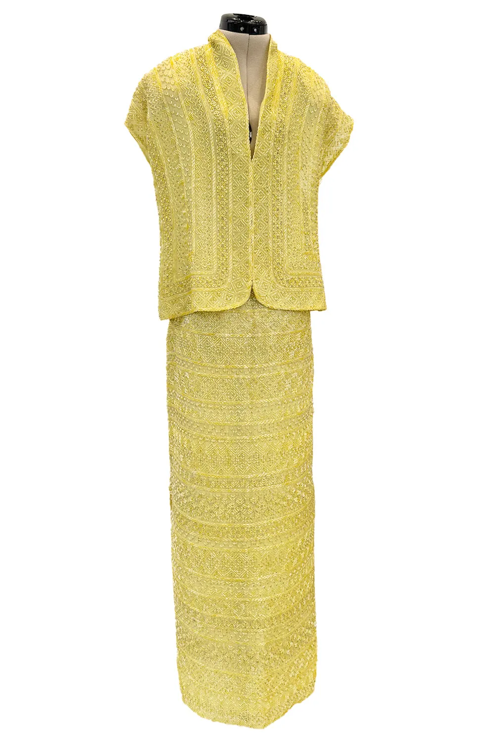 Incredible Late 1970s Halston Couture Hand Beaded Silk Skirt & Sleeveless Top Set in Yellow