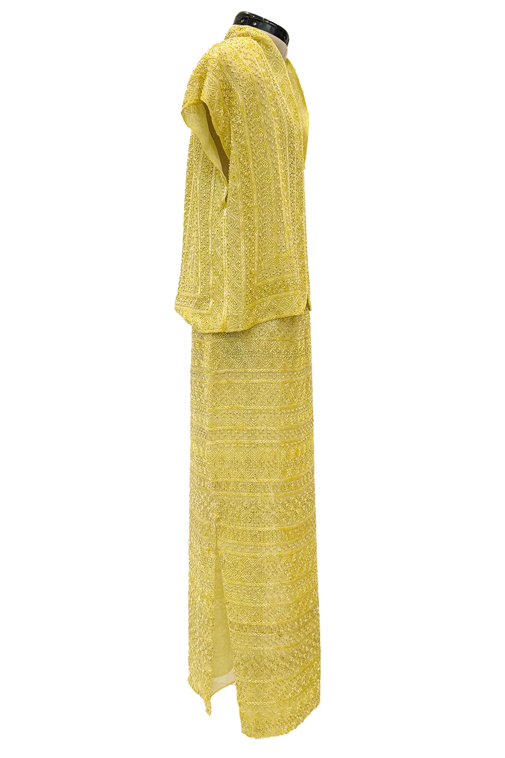 Incredible Late 1970s Halston Couture Hand Beaded Silk Skirt & Sleeveless Top Set in Yellow