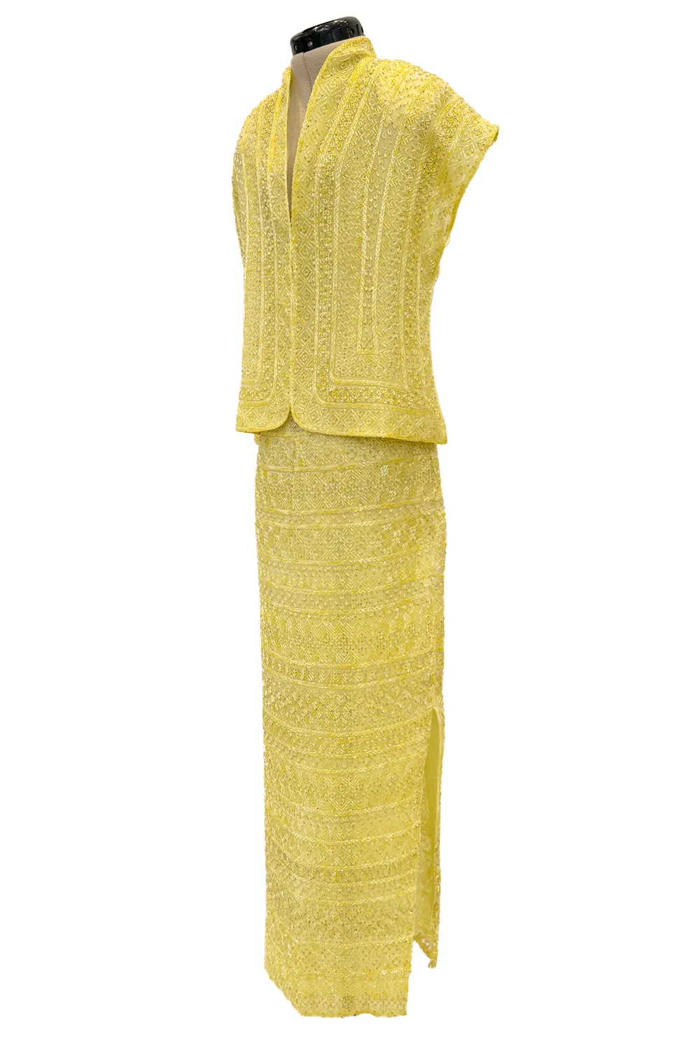 Incredible Late 1970s Halston Couture Hand Beaded Silk Skirt & Sleeveless Top Set in Yellow